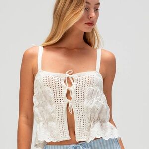 DEREK HEART Eyelet Tie Front Sleeveless Cream Lace Camisole Top